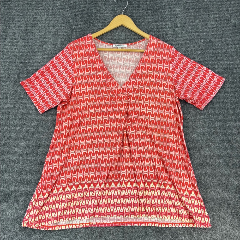 Rose + Olive Orange Geometric Short Sleeve V Neck Tunic Top Women’s 1X Office